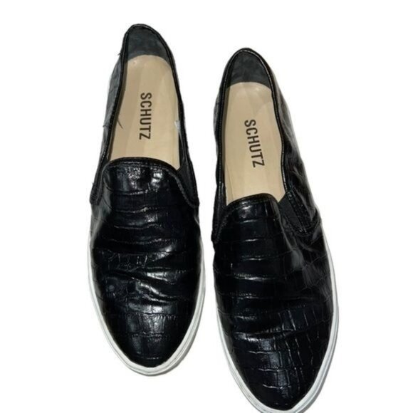 SCHUTZ Shoes - Schutz Slip-On Sneakers Womens 7.5 Black Faux Leather Crocodile Texture Casual